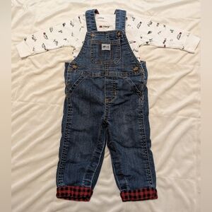 Carter's 2-Piece Set Blue Denim Overalls with Red Plaid Accents and Shirt 9M